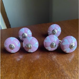 Set of 6 Hand painted pink and white Ceramic drawer cabinet pulls / knobs